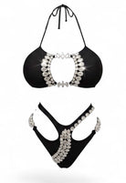 SlaySwimwear Black Beauty Luxe rhinestone bikini set with high-waist bottoms and adjustable halter top.