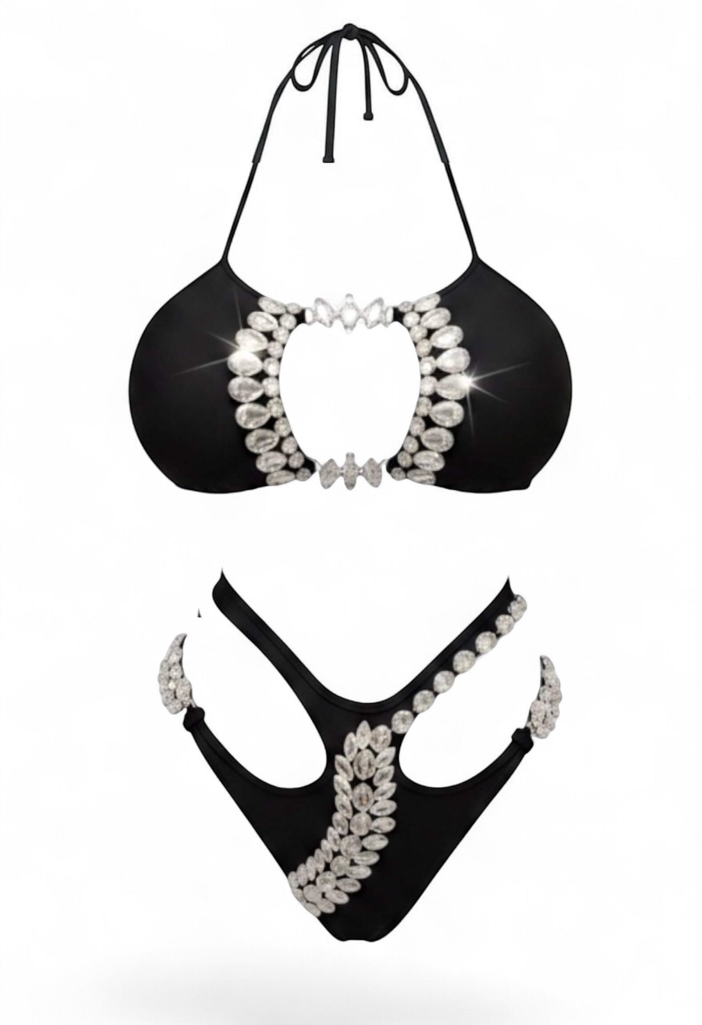 SlaySwimwear Black Beauty Luxe rhinestone bikini set with high-waist bottoms and adjustable halter top.