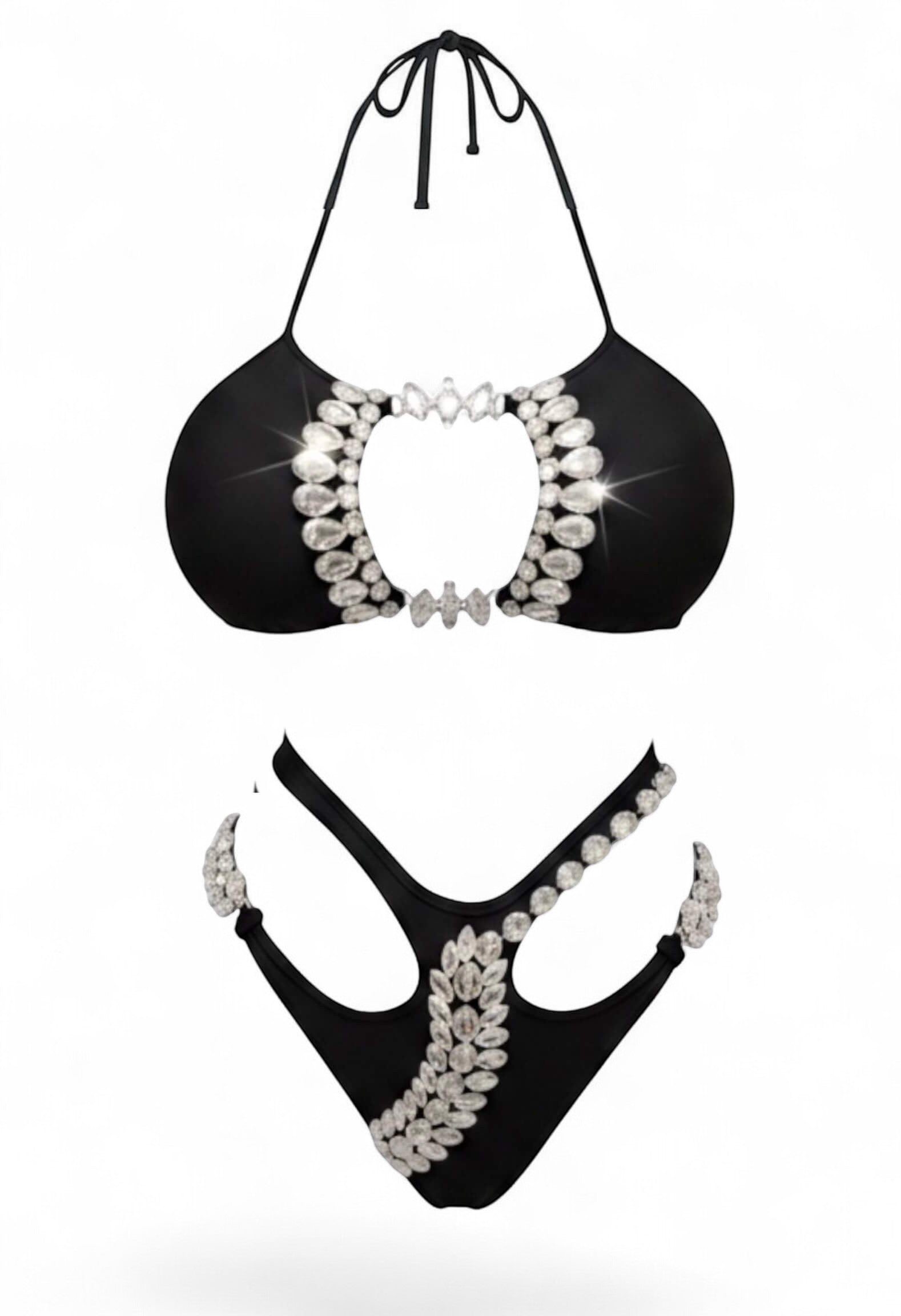 SlaySwimwear Black Beauty Luxe rhinestone bikini set with high-waist bottoms and adjustable halter top.
