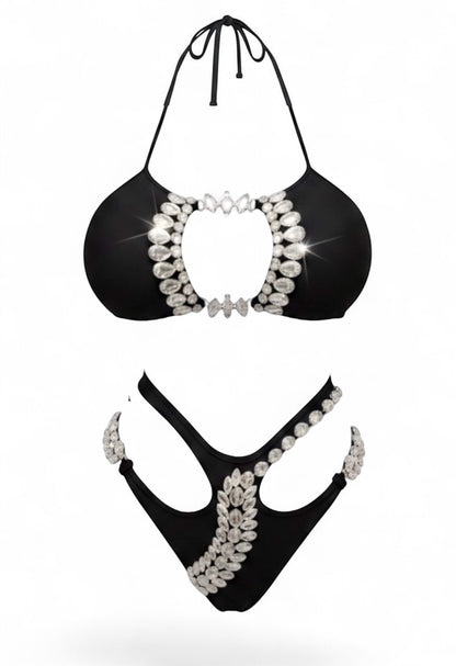 SlaySwimwear Black Beauty Luxe rhinestone bikini set with high-waist bottoms and adjustable halter top.