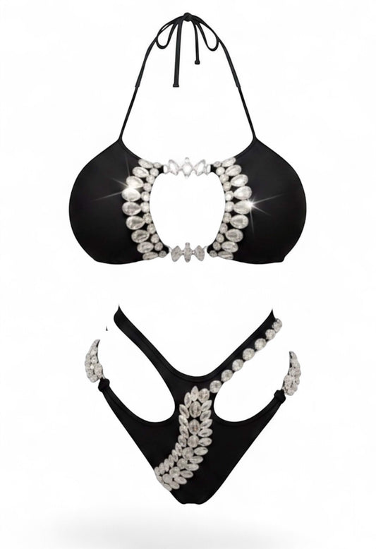 SlaySwimwear Black Beauty Luxe rhinestone bikini set with high-waist bottoms and adjustable halter top.