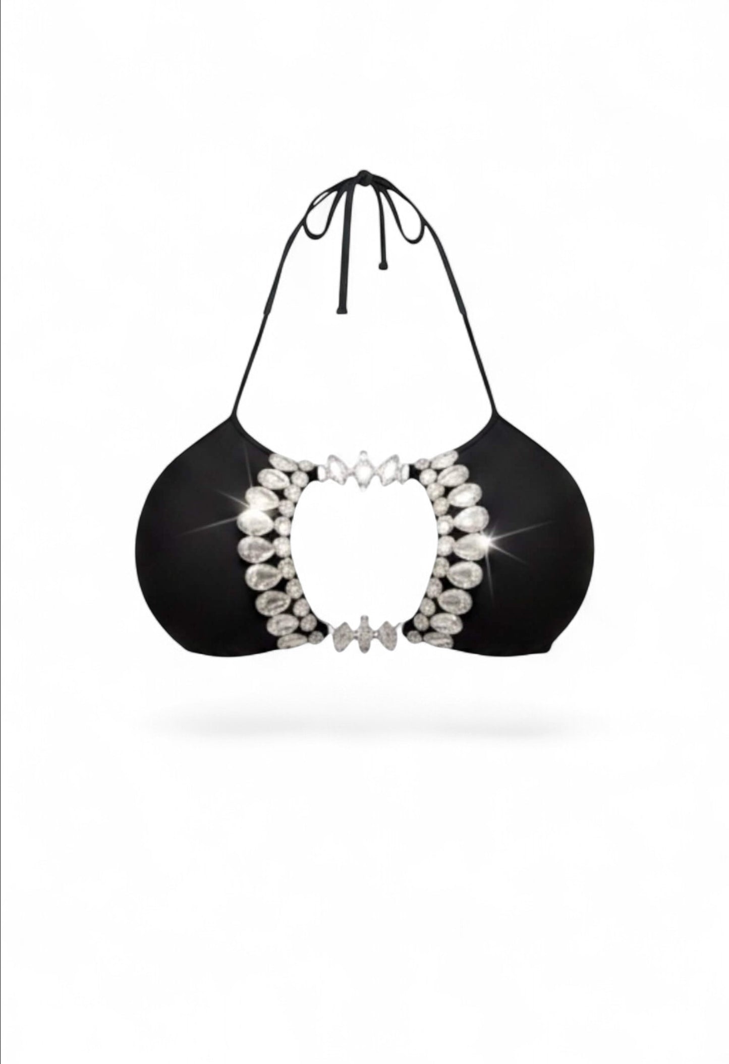 SlaySwimwear Black Beauty Luxe rhinestone bikini set with high-waist bottoms and adjustable halter top.