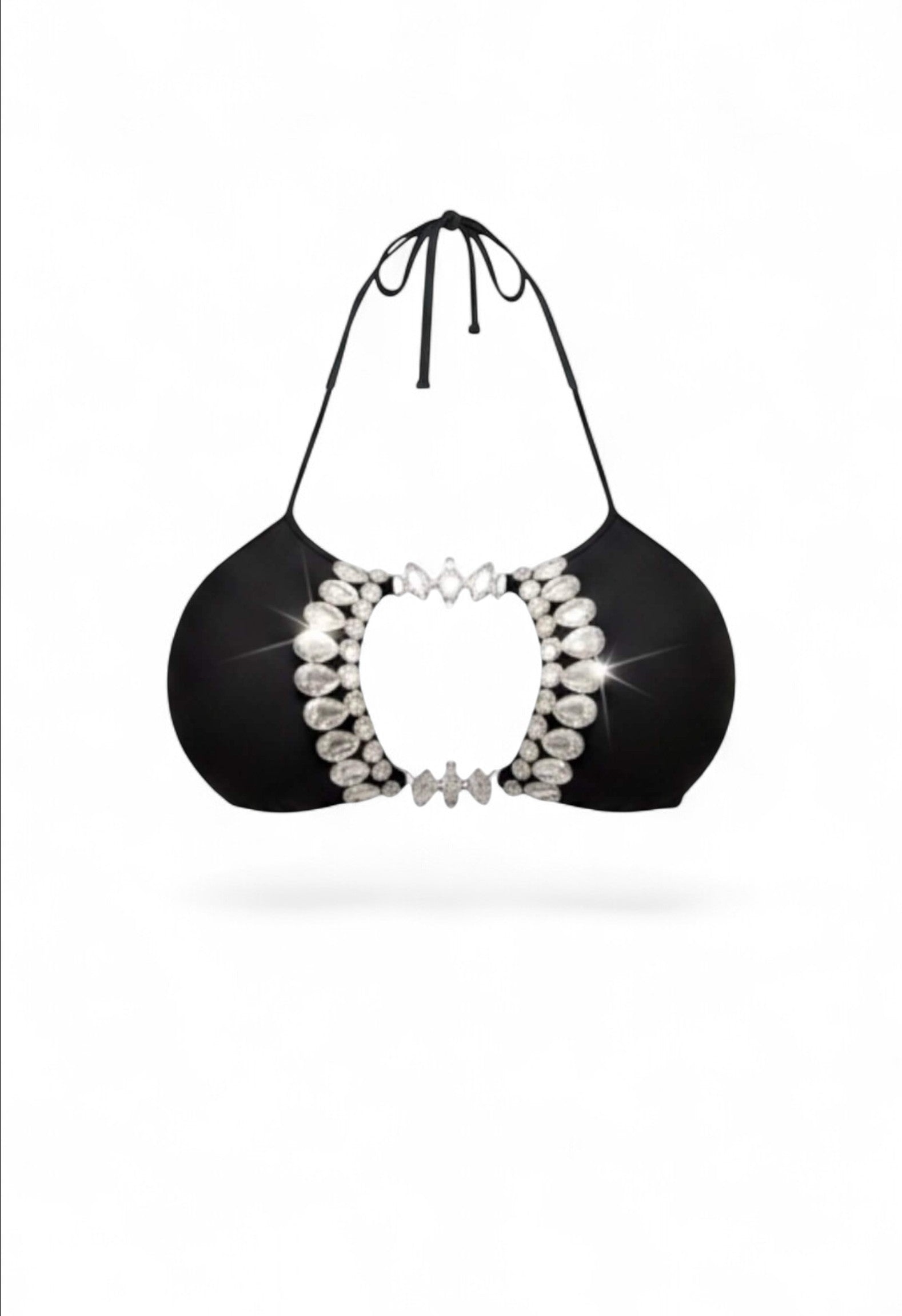 SlaySwimwear Black Beauty Luxe rhinestone bikini set with high-waist bottoms and adjustable halter top.