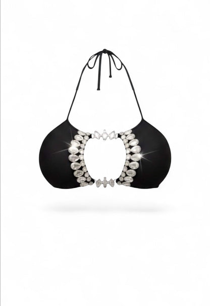 SlaySwimwear Black Beauty Luxe rhinestone bikini set with high-waist bottoms and adjustable halter top.