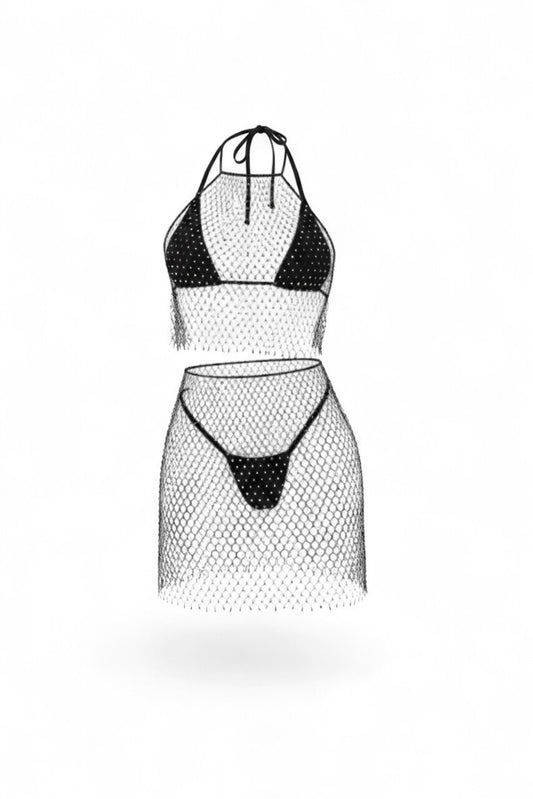 SlaySwimwear black mesh bikini set with sparkling rhinestones and matching mini skirt. Halter top with adjustable ties.