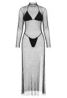 SlaySwimwear black fishnet rhinestone cover-up dress with high neck and long sleeves, perfect for festivals and parties.