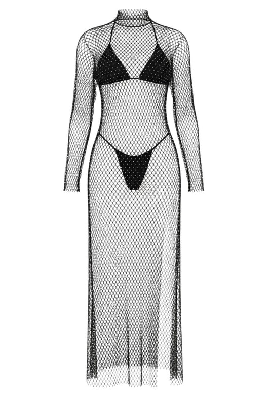 SlaySwimwear black fishnet rhinestone cover-up dress with high neck and long sleeves, perfect for festivals and parties.