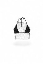 SlaySwimwear black fishnet halter top with rhinestone embellishments and silver tie back. One size fits all.