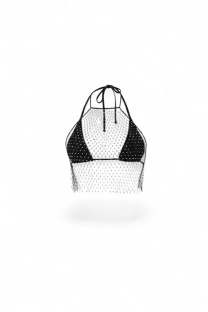 SlaySwimwear black fishnet halter top with rhinestone embellishments and silver tie back. One size fits all.