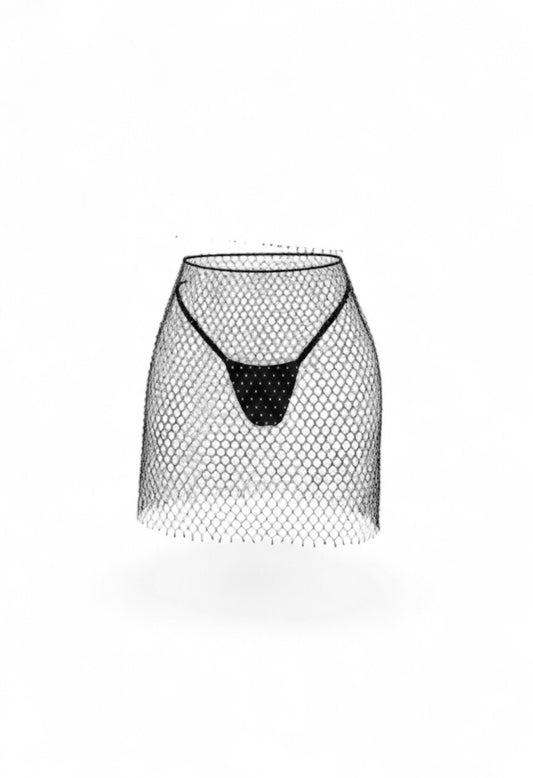 SlaySwimwear black rhinestone encrusted fishnet halter top and matching mini skirt set.