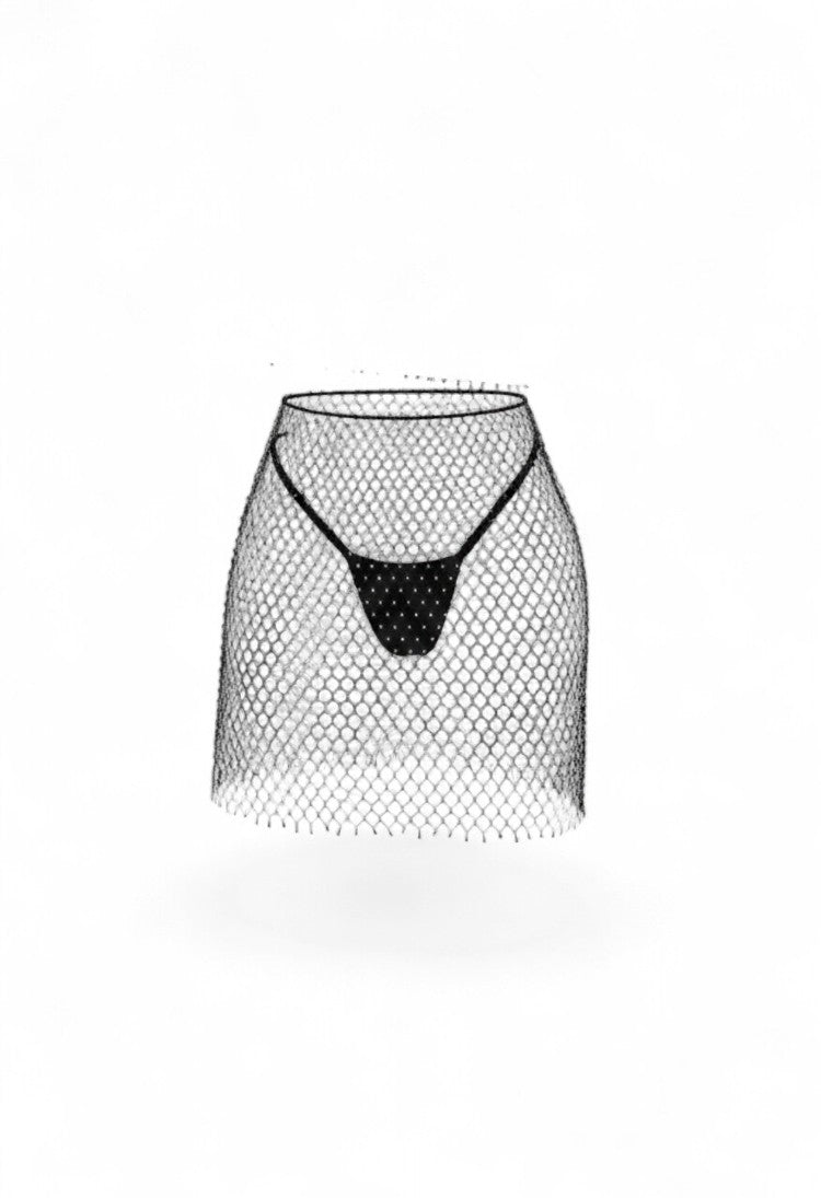 SlaySwimwear black rhinestone encrusted fishnet halter top and matching mini skirt set.