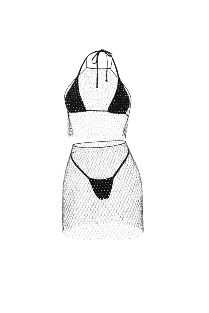 SlaySwimwear black rhinestone encrusted fishnet halter top and matching mini skirt set.