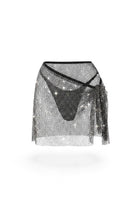 SlaySwimwear black mesh wrap skirt with rhinestones, adjustable tie waist, perfect for beach or pool.