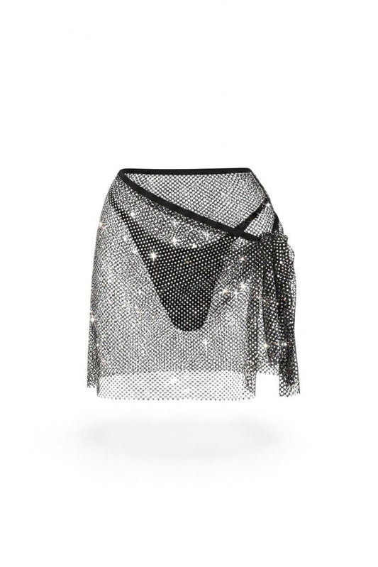SlaySwimwear black mesh wrap skirt with rhinestones, adjustable tie waist, perfect for beach or pool.