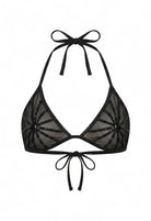 SlaySwimwear Sheer Shadows black mesh triangle bikini top with rhinestone accents and tie closures.