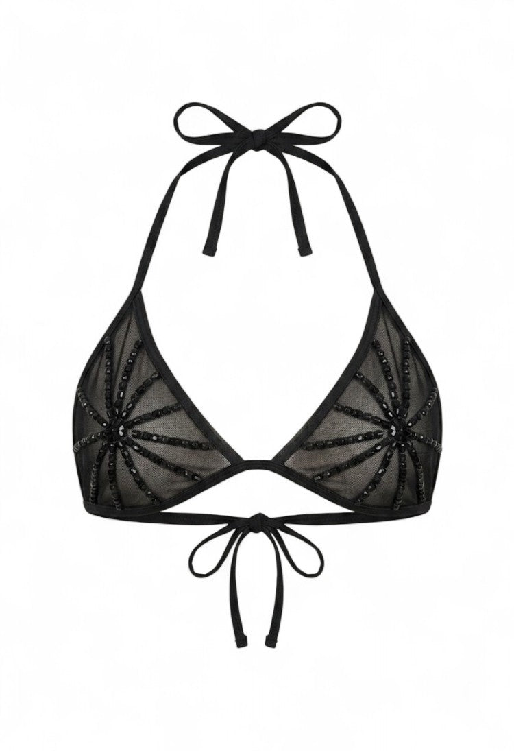 SlaySwimwear Sheer Shadows black mesh triangle bikini top with rhinestone accents and tie closures.