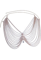 SlaySwimwear Bling Queen skirt made of silver rhinestones and metal chains, featuring a draped design and a single teardrop gem accent.