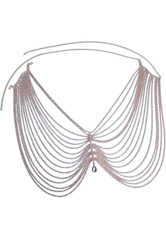SlaySwimwear Bling Queen skirt made of silver rhinestones and metal chains, featuring a draped design and a single teardrop gem accent.
