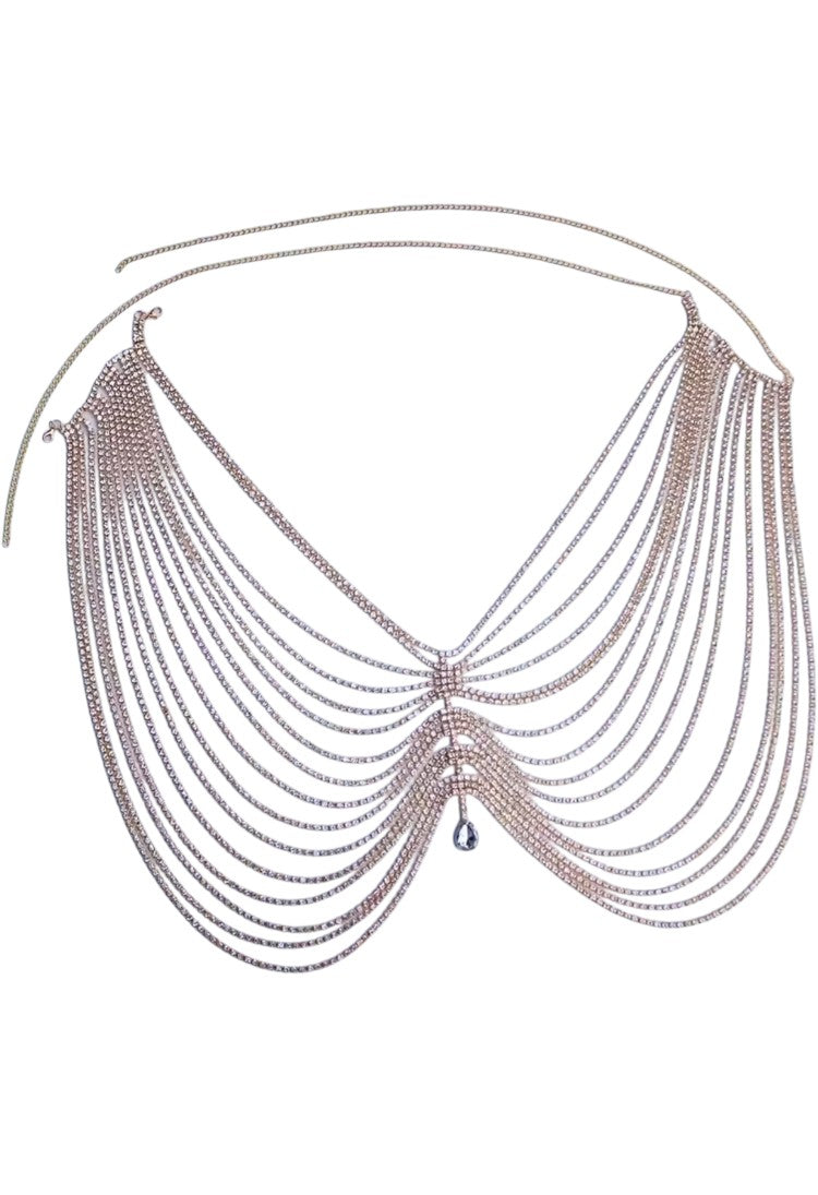 SlaySwimwear Bling Queen skirt made of silver rhinestones and metal chains, featuring a draped design and a single teardrop gem accent.