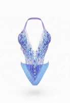 SlaySwimwear blue jeweled one-piece swimsuit with adjustable neck strap and pearl embellishments.