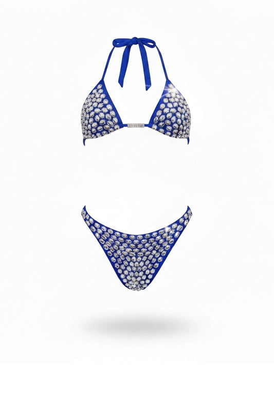 SlaySwimwear blue high-waist bikini set with rhinestone embellishments and halter neck top.