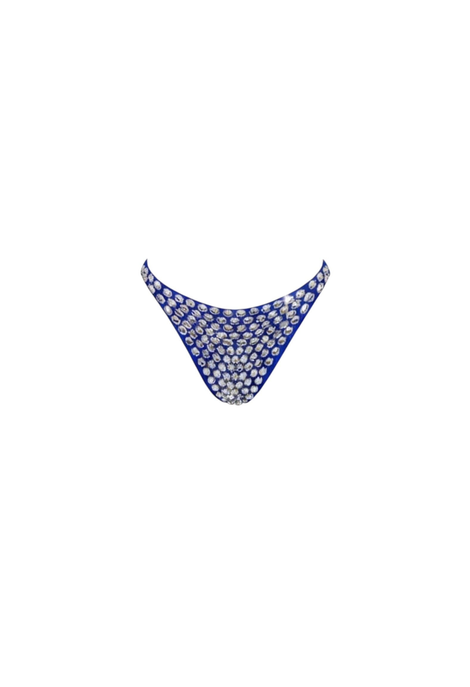 SlaySwimwear blue high-waist bikini set with rhinestone embellishments and halter neck top.