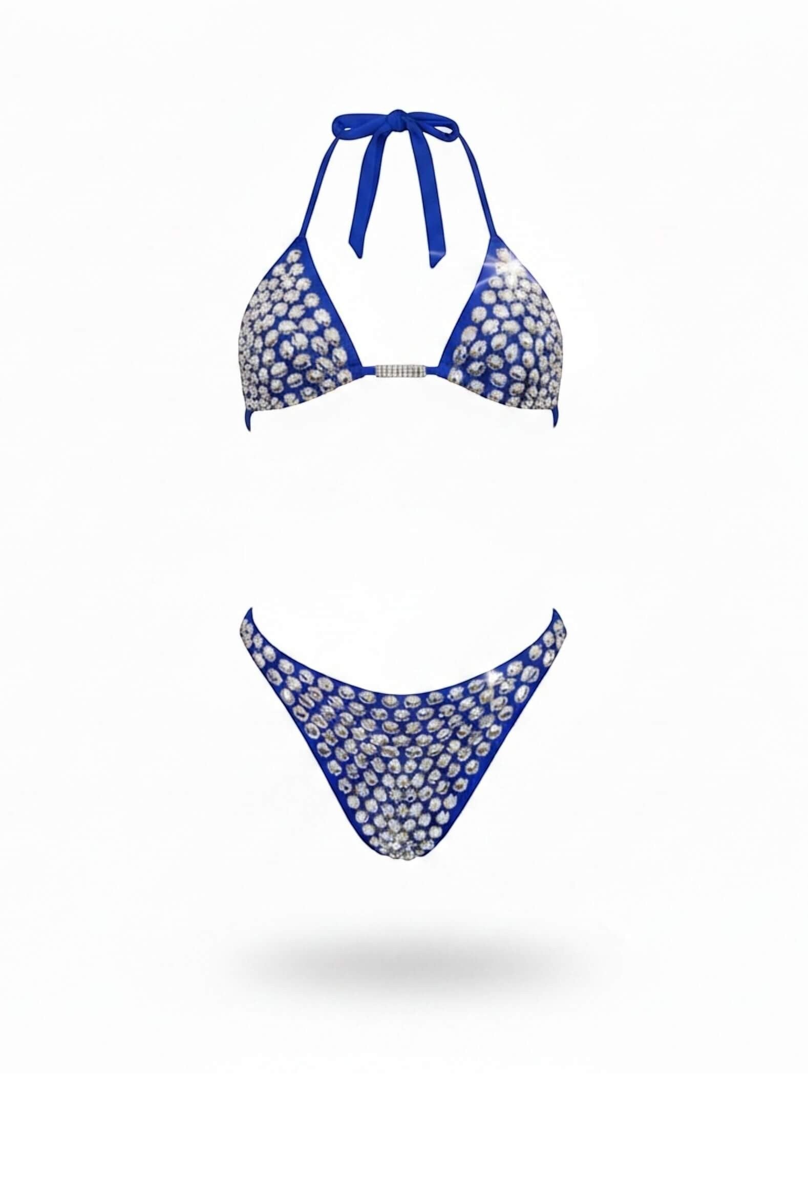 SlaySwimwear blue high-waist bikini set with rhinestone-studded halter top and high-leg bottoms.