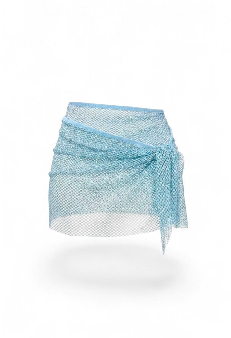 SlaySwimwear light blue rhinestone mini skirt with a mesh overlay and drawstring closure, perfect for parties.