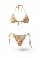 SlaySwimwear Shelly bikini set with shell embellishments and adjustable ties in a champagne color.