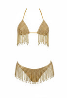 SlaySwimwear gold metallic chain fringe bikini set with triangle cups and cheeky bottoms.