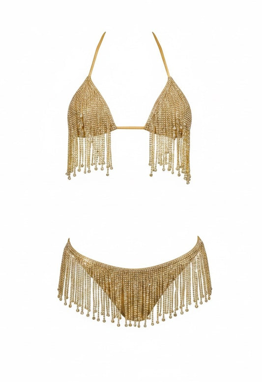 SlaySwimwear gold metallic chain fringe bikini set with triangle cups and cheeky bottoms.