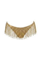 SlaySwimwear gold metallic bikini set with sparkling chain fringe detail. Triangle cups and cheeky bottoms.