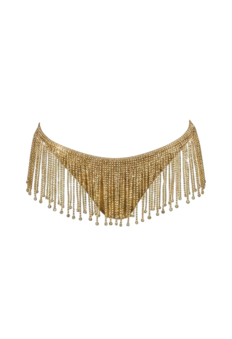 SlaySwimwear gold metallic bikini set with sparkling chain fringe detail. Triangle cups and cheeky bottoms.