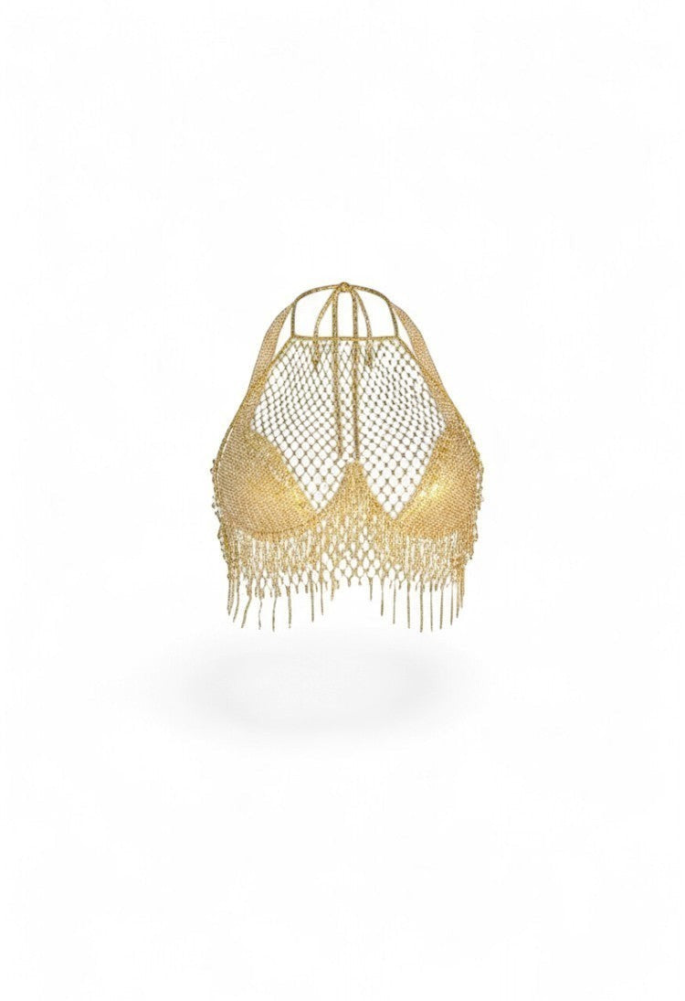 SlaySwimwear gold chainmail halter top with fringe detail and matching bikini bottoms
