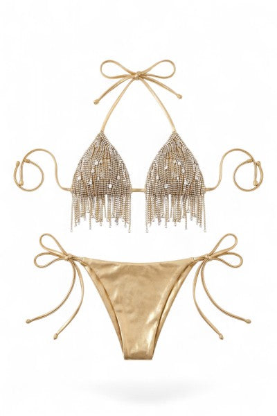 SlaySwimwear gold metallic fringe bikini set with crystal embellishments and tie sides. 80% Nylon, 20% Spandex.