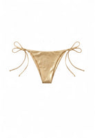 SlaySwimwear gold metallic fringe bikini set with crystal embellishments and tie sides. Made of 80% nylon and 20% spandex.