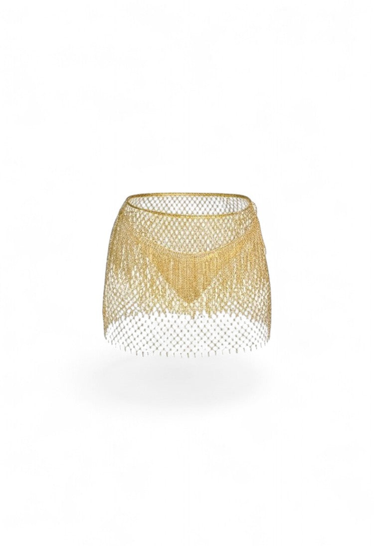 SlaySwimwear gold rhinestone fishnet mini skirt with fringe detail. Stretchy waistband fits S-L.