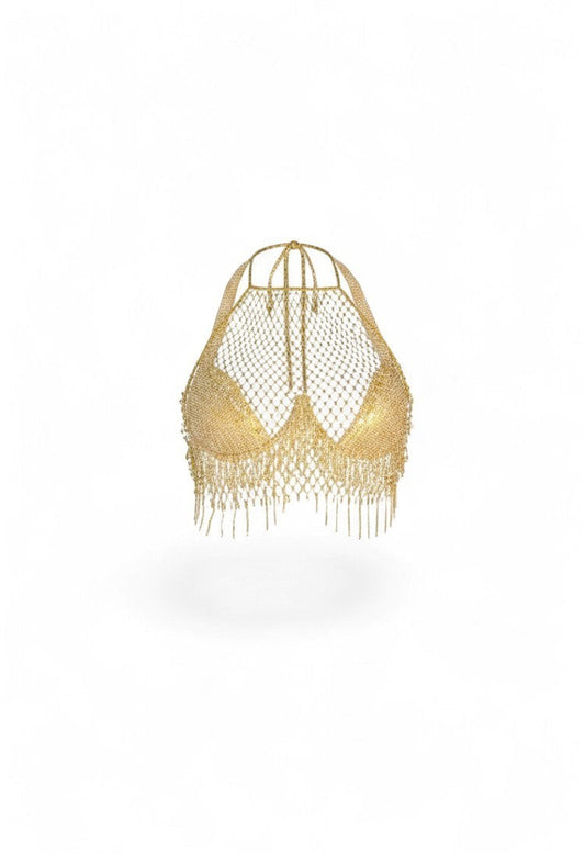 SlaySwimwear gold rhinestone encrusted fishnet halter top with fringe detail. One size fits S-L.