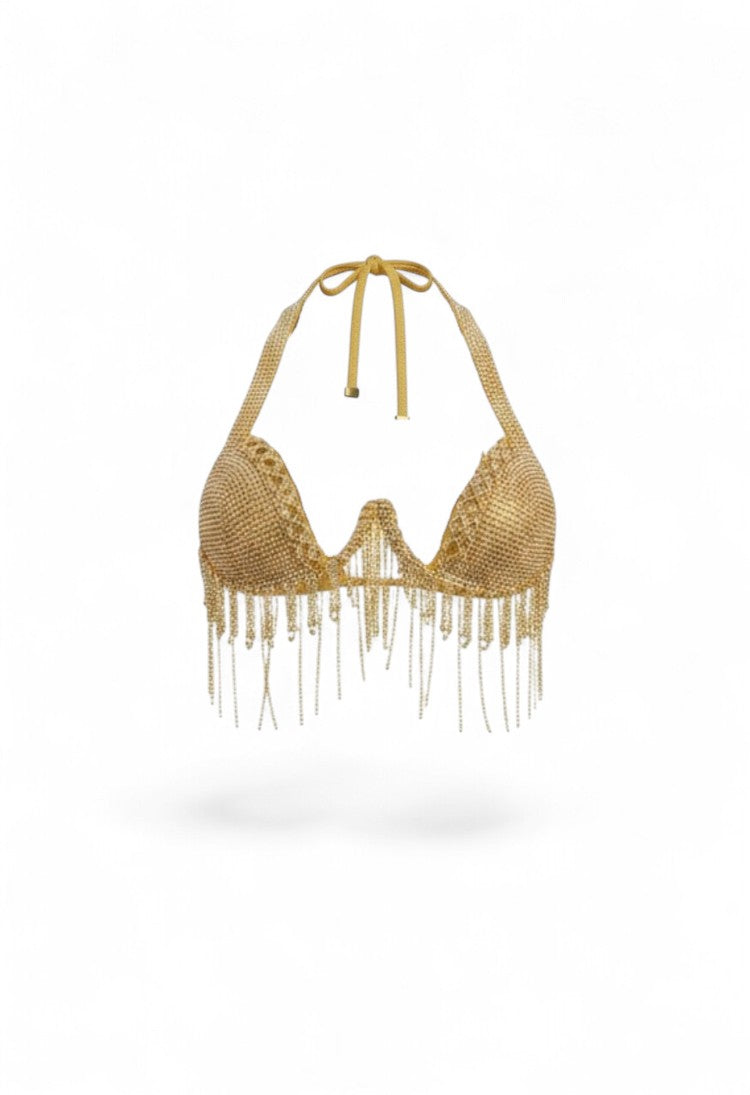 SlaySwimwear Rio gold shimmering bikini set with rhinestone embellishments and cascading fringe detail. Halter neck top and matching bottoms.