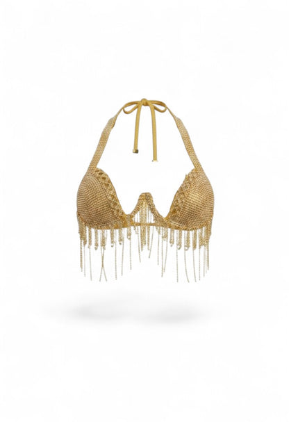SlaySwimwear Rio gold shimmering bikini set with rhinestone embellishments and cascading fringe detail. Halter neck top and matching bottoms.