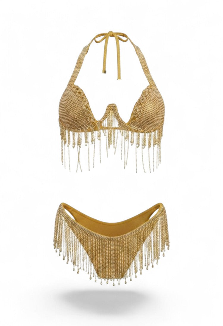SlaySwimwear Rio gold bikini set with rhinestone embellishments and cascading fringe detail. Halter neck top and matching bottoms.