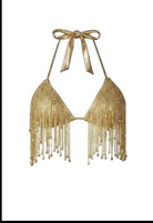 SlaySwimwear gold rhinestone bikini top with crystal-style bra and fringe detail, halter neck with tie closure.