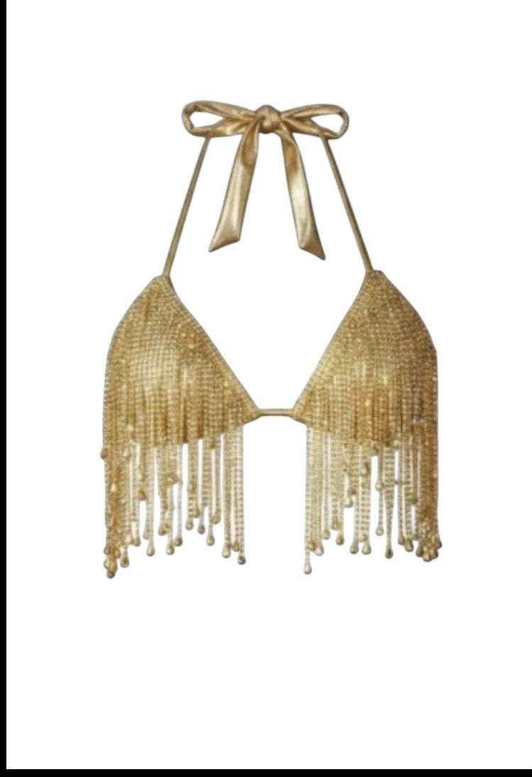 SlaySwimwear gold rhinestone bikini top with crystal-style bra and fringe detail, halter neck with tie closure.