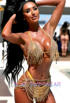 SlaySwimwear gold rhinestone fringe body chain skirt with durable clasps. Versatile piece doubles as a chest piece.