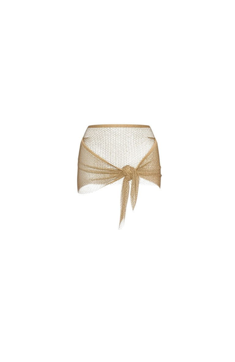 SlaySwimwear gold rhinestone tie-waist mini skirt with chain detail, can be worn as a top.