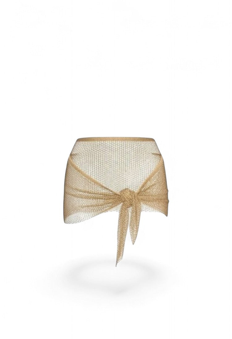 SlaySwimwear gold rhinestone tie-waist mini skirt, can be worn as a top.