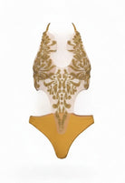SlaySwimwear golden flame embellished one piece swimsuit with sheer embroidered bodice and yellow bottom.