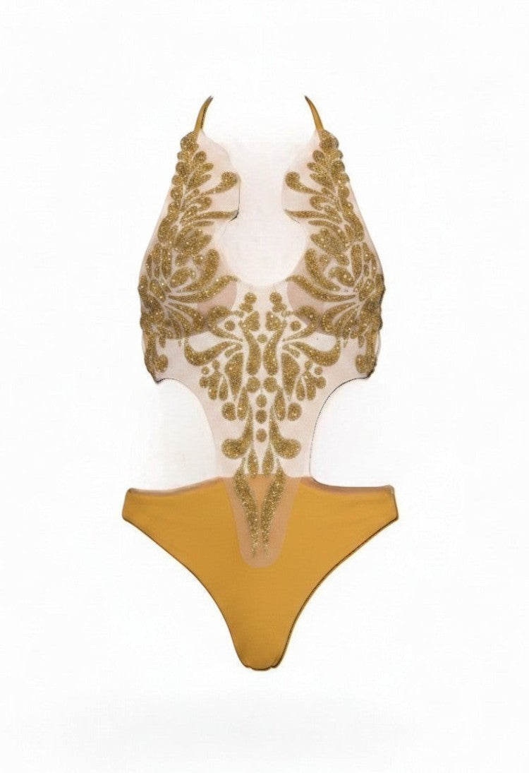 SlaySwimwear golden flame embellished one piece swimsuit with sheer embroidered bodice and yellow bottom.