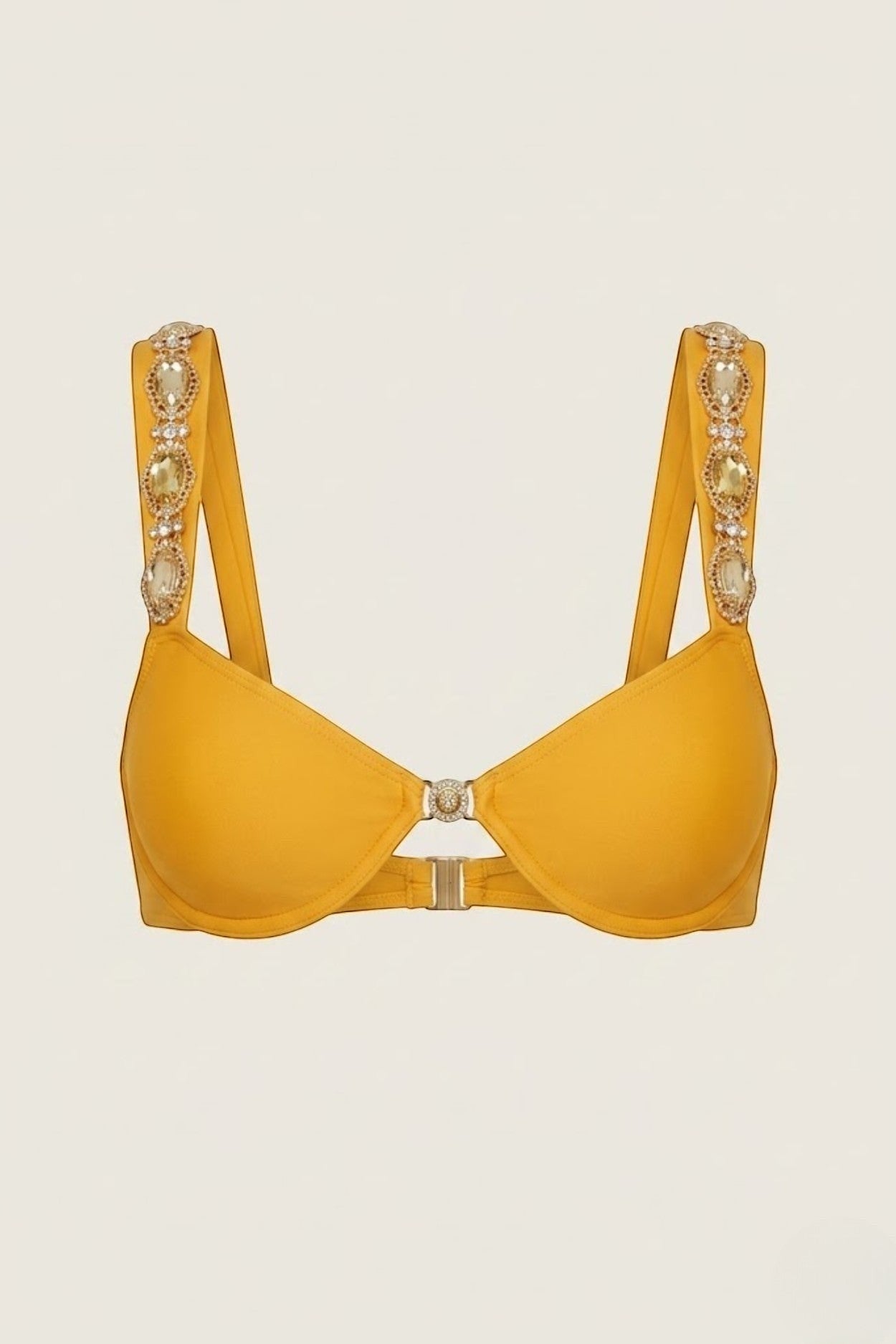 SlaySwimwear Golden Gem bikini top in mustard yellow with jeweled straps and gold hardware.