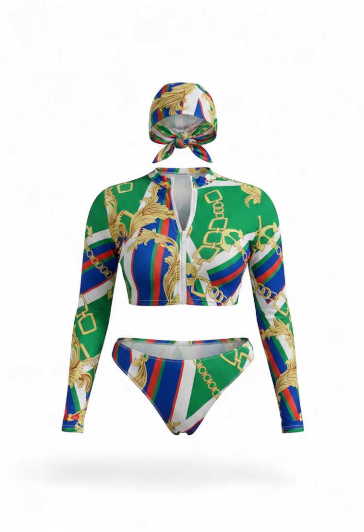 SlaySwimwear green, blue, and white designer-inspired three-piece swimsuit with gold chain print, long sleeves, zip front, and matching headscarf.